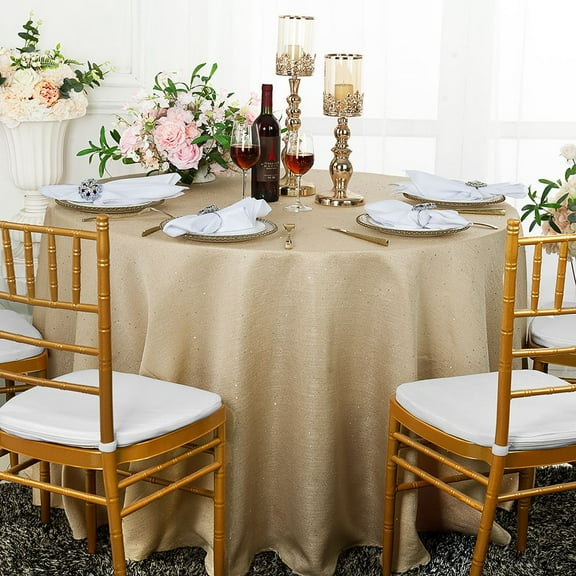 Wedding Linens Inc. 132" Round Paillette Poly Flax / Burlap Sequins Hessian Tablecloths Table Covers for Wedding Party Events Luxury Décor use - Champagne