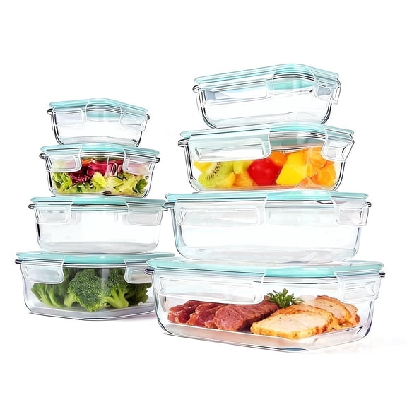 16pcs Sealed Glass Food Storage Containers (8 Lids 8 Containers) Lunch Boxes for Salads, Fruits, Vegetables, and Sandwiches, Green