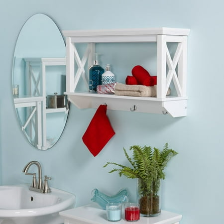 RiverRidge X-Frame Wall Shelf with Hooks, White