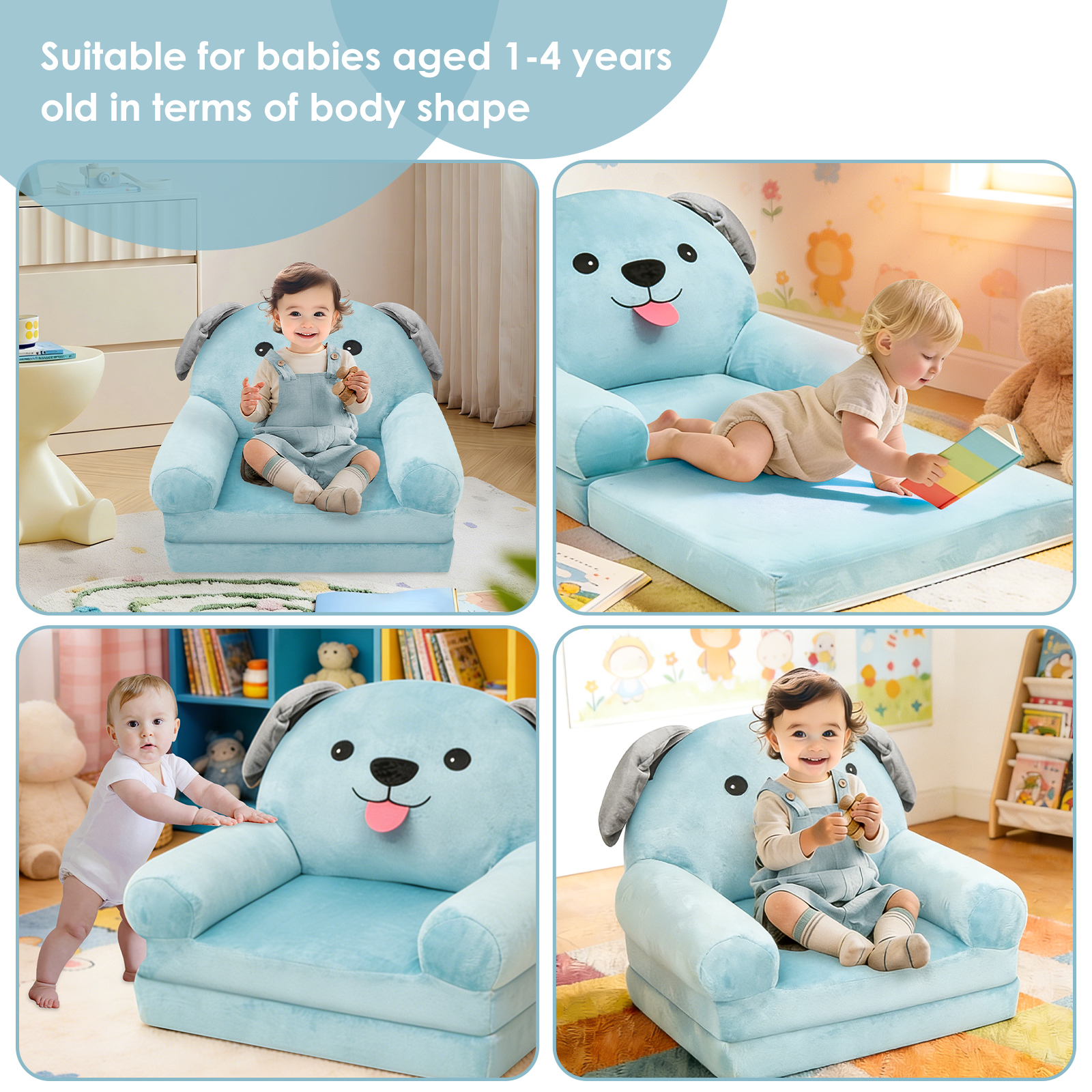 Dznils Toddler Sofa Chair, 2-in-1 Soft Foam Flip Open Kids Couch Lounger Comfy, Ages 1+, Blue Dog