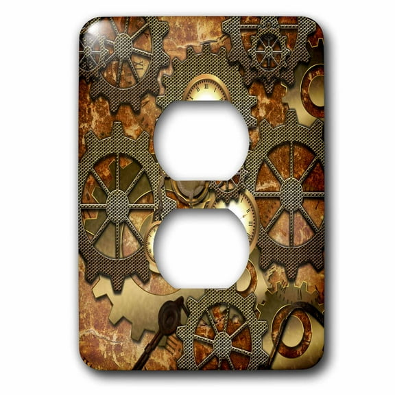 3dRose, Steampunk clocks gears in golden design, 2 plug outlet cover