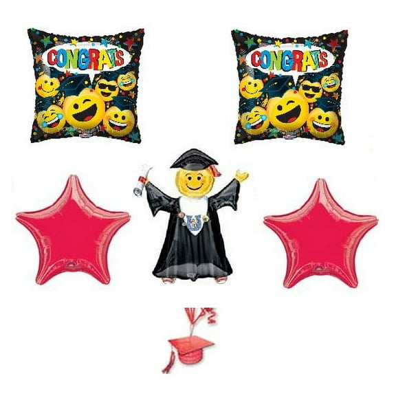 DalvayDelights Way to GO Grad Graduation Smiley Face Gown Hat Party 5 Piece Balloon Bouquet Set Weight Ribbon B