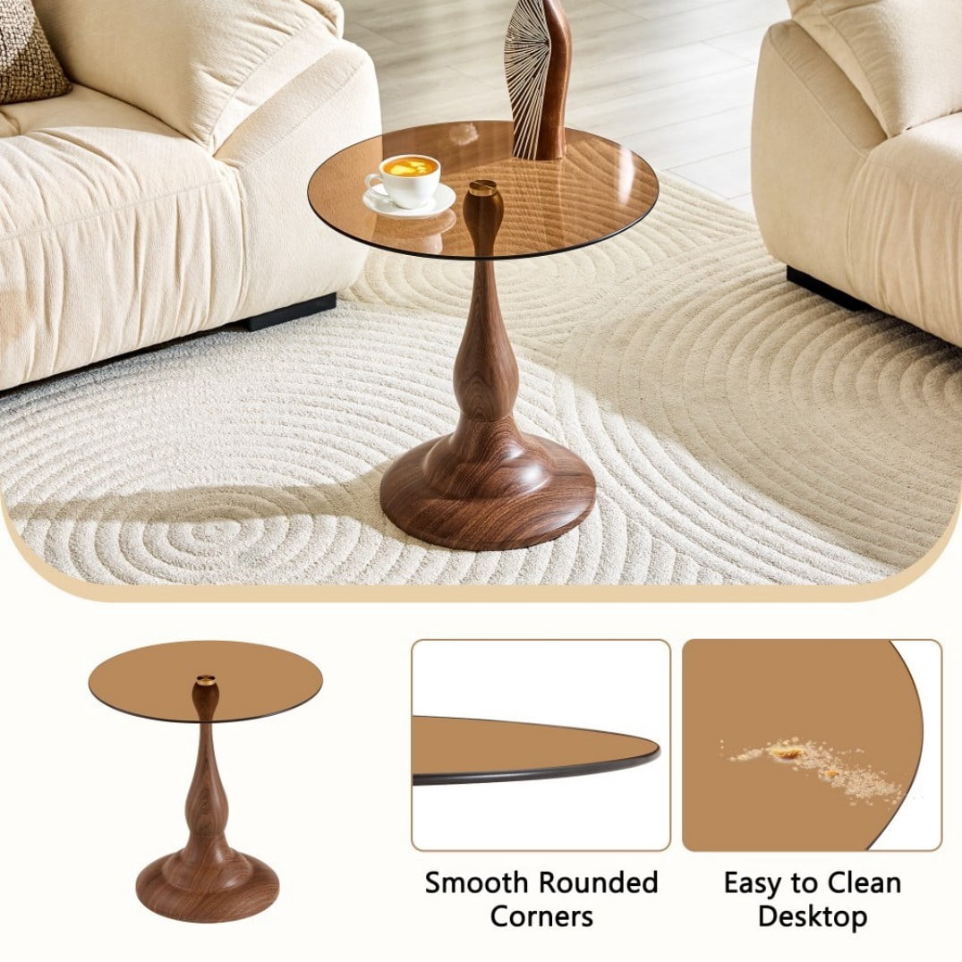 19.6" Round Side Table, Brown Tempered Glass Top with Walnut Metal Base, Modern End Table, Nightstand, Sofa Table for Living Room Bedroom