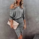 thumbnail image 3 of Vestido de paquete de cadera Paquete de color puro Cadera Un hombro Forma del cuerpo Vestido cruzado con diseño de volantes para mujer Fiesta de verano Gris XL, 3 of 6