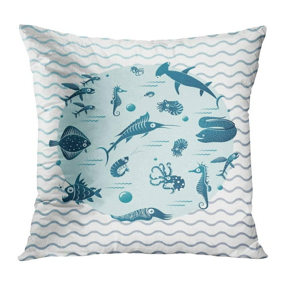 BOSDECO Different Fishes in Circle on Wavy Flying Fish Flounder Moray EEL Jumping Marlin Seahorse Cuttlefish Pillow Case Pillow Cover 20x20 inch