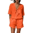 thumbnail image 2 of Cagogo Women Plus Size V Neck 2 Piece Shorts Set Casual Solid Boho Beach Outfits Loose Short Sleeve Crew Neck Tops Comfy Pants Matching Lounge Sets Tracksuits Loungewear Travel Airport Clothes,, 2 of 9