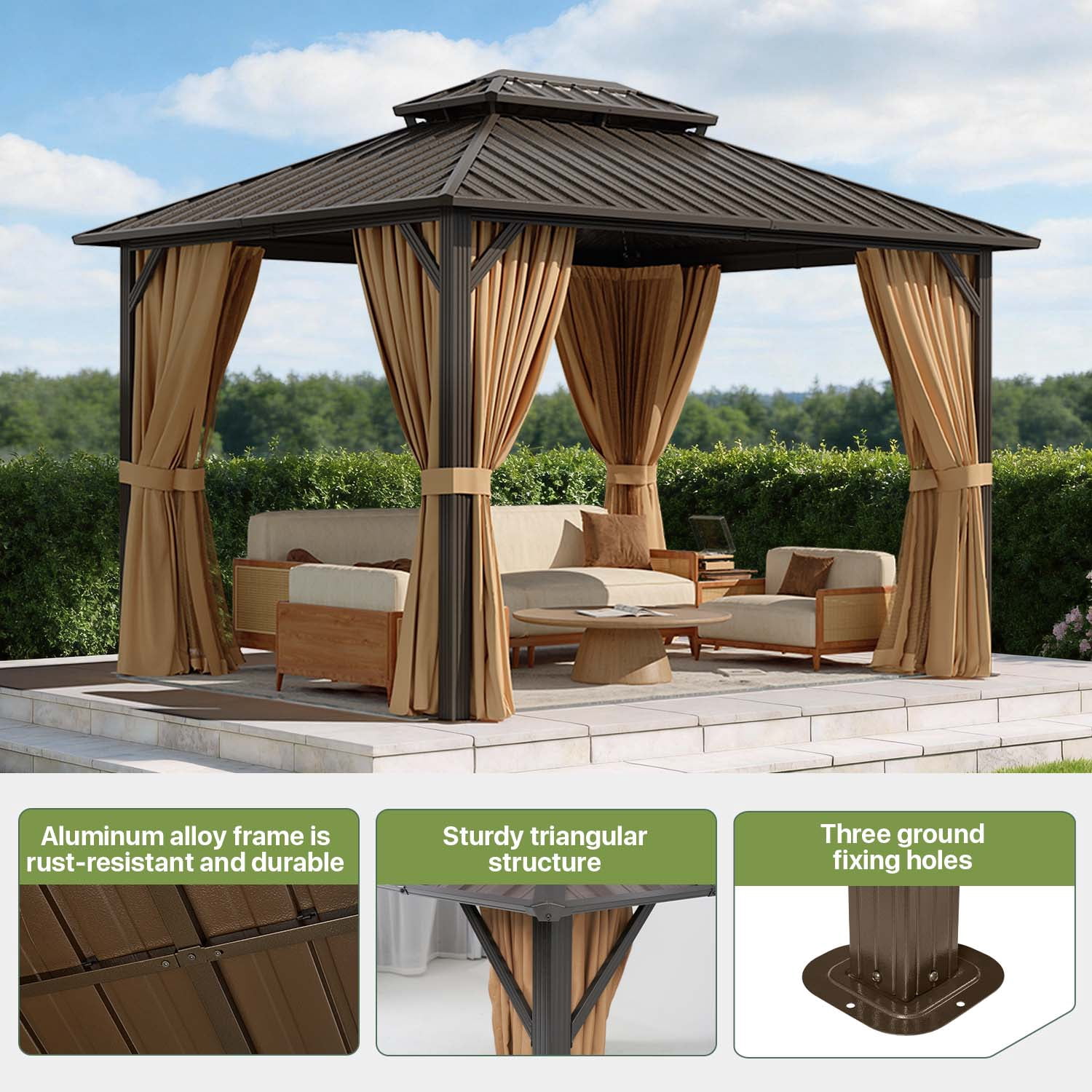BaPiPro 12'x10' Hardtop Gazebo, Heavy Duty Galvanized Steel Double Roof, Permanent Outdoor Pavilion Metal Gazebo with Netting and Curtains, for Patio, Garden, Brown