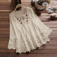 thumbnail image 2 of FAVIPT Women 3/4 Sleeve Linen Shirts Bohemian Lace Embroidered Patchwork Blouses V Neck Bandage Gauze Blouses Casual Fashion Summer 2025 Tunic Tees Khaki,XXL, 2 of 8