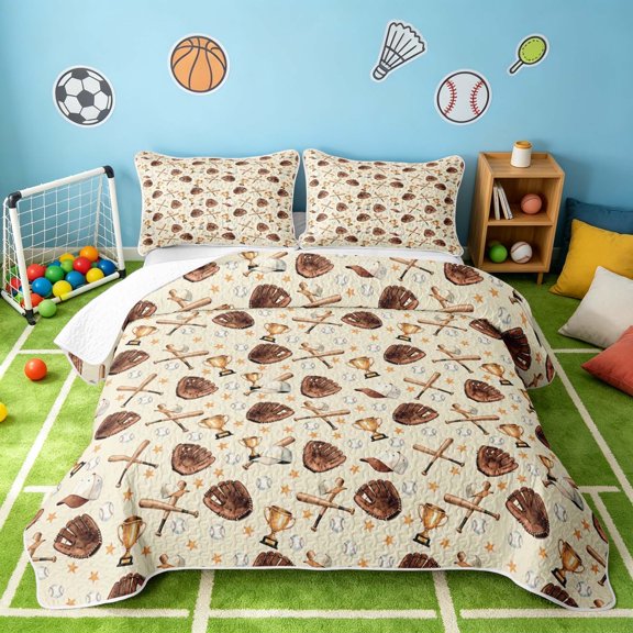 Manfei Sports Baseball Twin Quilt Set, Twin Coverlet Set, Beige Brown Gold, Gray Reversible 2 Pieces, 1 Bedspread and 1 Pillowcase