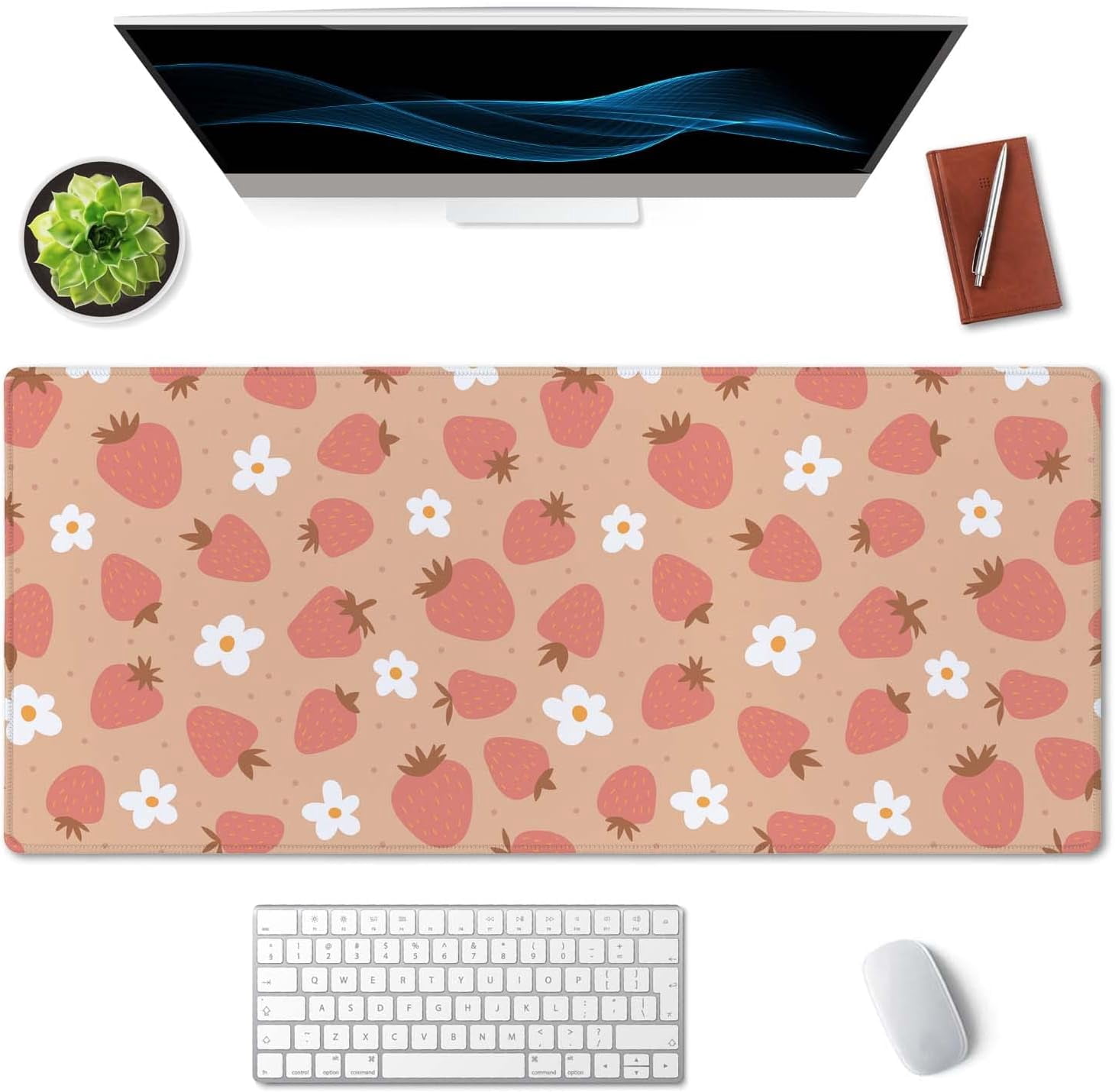 Large Mouse Pad, Full Desk XXL Extended Gaming Mouse Pad 35.5" X 15.7", Waterproof Desk Mat with Stitched Edge, Non-Slip Laptop Computer Keyboard Mousepad for Office & Home, Strawberry and Daisy