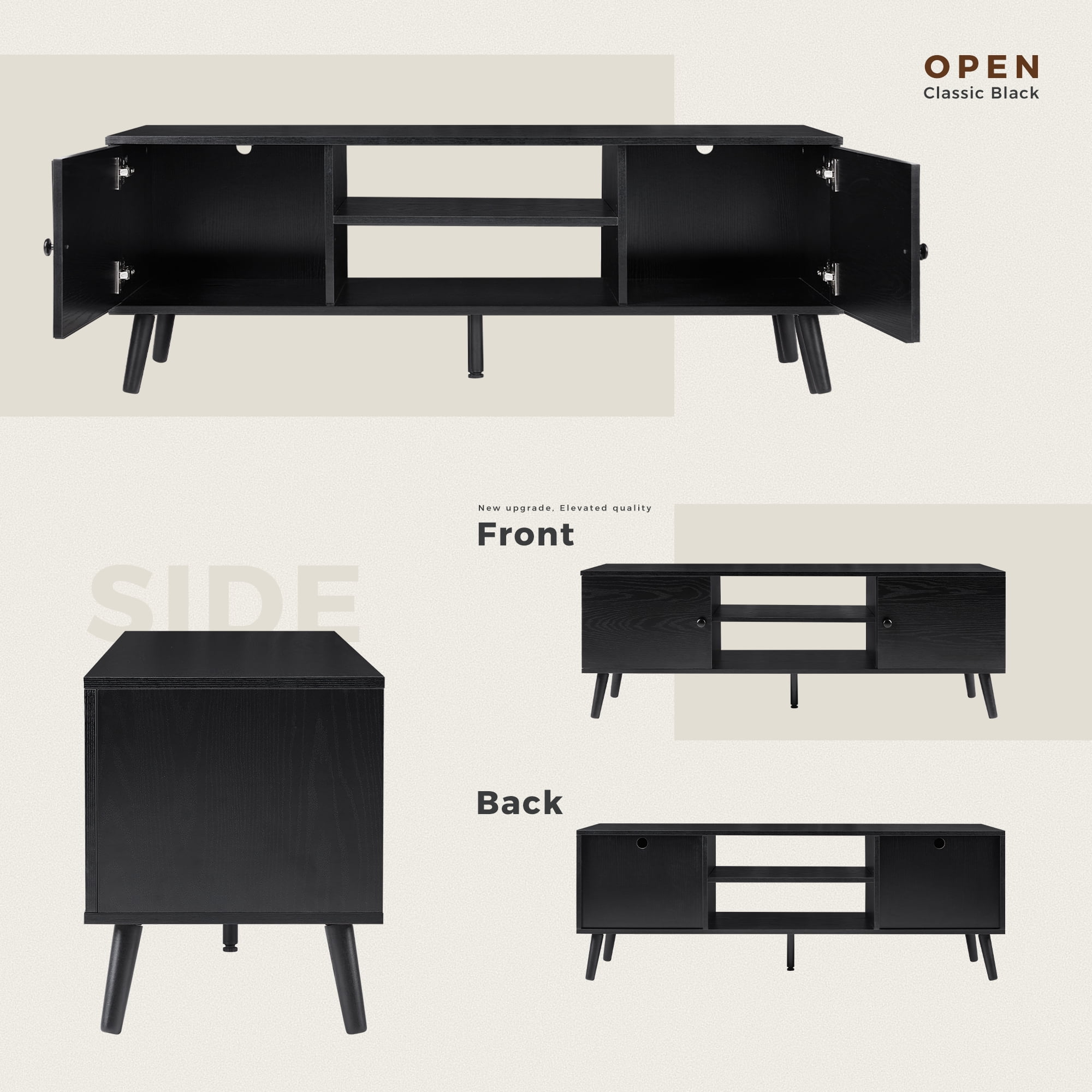 CONCETTA TV Stand for 55 60 inch Television, 2 Cabinet, Soft Hinge Door with Handle, Black