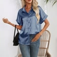 thumbnail image 4 of ATOYSOY Women's s Solid Work Office Coat Lapel V Neck Bandage Jacket Short Sleeve Cropped Cardigan Business Attire Casual Summer Trendy Satin Short Blazer Suit Versatile Blue L, 4 of 8