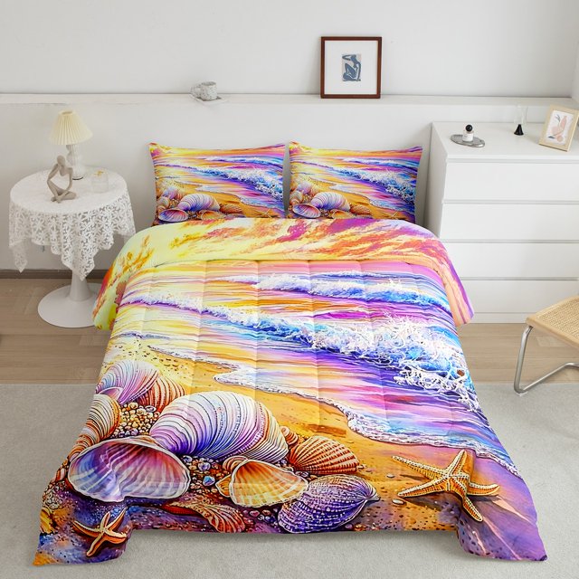 Erosebridal Dreamy Coastal Bedding Full Comforter Set, Seashell Beach Down Comforter, Ocean Theme Decor, Reversible 3pcs