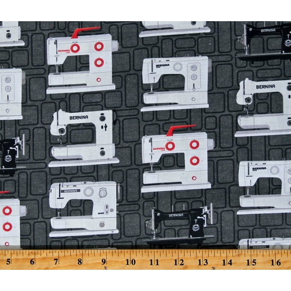 Cotton Bernina Vintage Sewing Machines Seamstress Quilters Charcoal Gray Cotton Fabric Print by the Yard (02279-13)