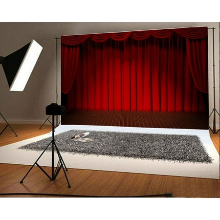 Image of HelloDecor 7x5ft Photography Backdrop Stage Lights Red Curtain Vintage Wood Floor Interior Theater Background Kids Children Adults Photo Studio Props