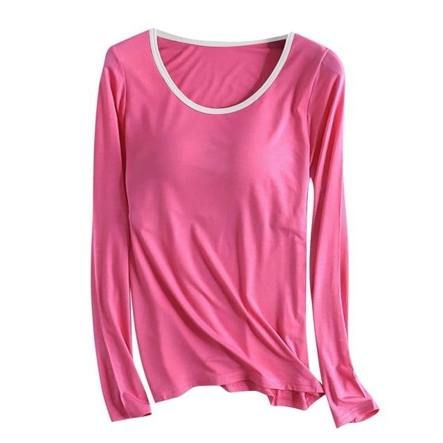 Hauts à Manches Longues Rembourrés pour Femmes avec Soutien-Gorge Intégré Pyjamas Camisole Chemises Tops de Yoga Décontractés Col Rond T-Shirt Blouses en Coton Vêtements de Nuit Rose TG
