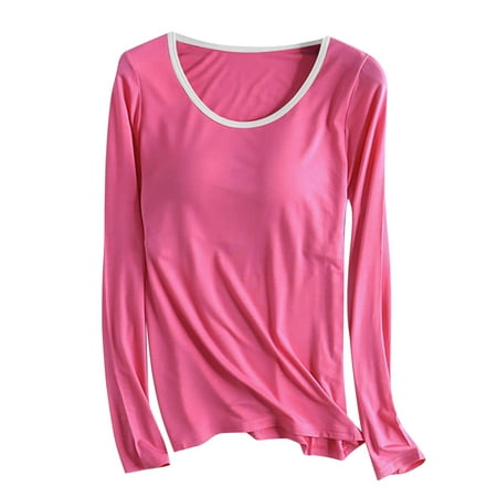 Padded Long Sleeve Tops for Women Built in Bra Pajamas Camisole Shirts Yoga Tops Casual Loose Round Neck Long Sleeve T-Shirt Blouses Cotton Sleepwear Pinky XL