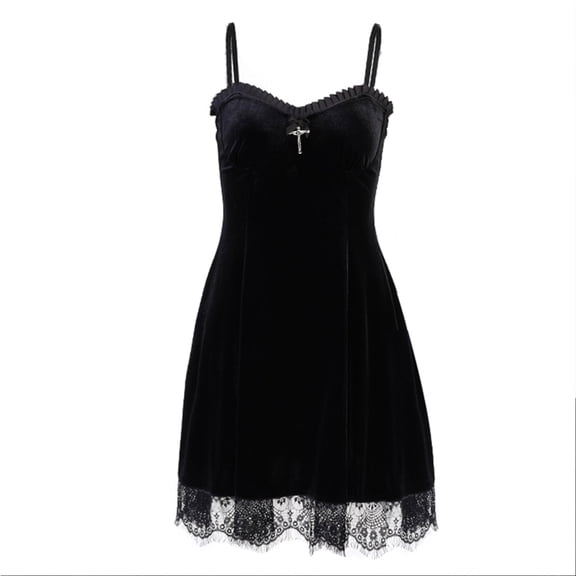 Yokua Women Gothic Punk Sexy Velvet Slim Mini Dress Ruffles Lace Trim Bowknot for Cross Pendant Spaghetti Strap Vintage Harajuku Party Clubwear