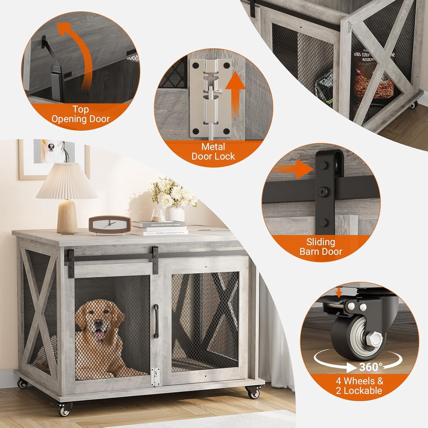Studyset Dog Crate Furniture with Flip Top, 37" Dog Cage Furniture with Sliding Barn Door, Wheels and Removable Divider, Furniture Style Dog Crate Table, Indoor Dog Kennel for Large Dogs