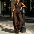 thumbnail image 6 of Women's Sleeveless Jumpsuit, Turndown Collar V-Neck With Pockets, Fashion One-Piece Pants For Office & Casual Outings Coffee M, 6 of 7