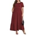 thumbnail image 7 of Mengpipi Women's Plus Size Casual Short Sleeve Crewneck Dress Flowy Tiered Loose Maxi Dress with Pockets Burgundy 1X-5X, 7 of 7