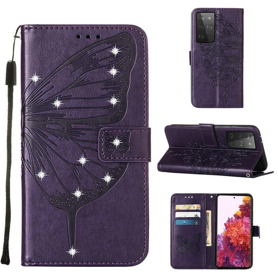 Allytech For Samsung Galaxy S21 Ultra Soft TPU Case,Stylish Diamond Embossed Butterfly PU Leather Shockproof Flip Wallet Holder Cover with Hand Strap.For Samsung Galaxy S21 Ultra,Purple