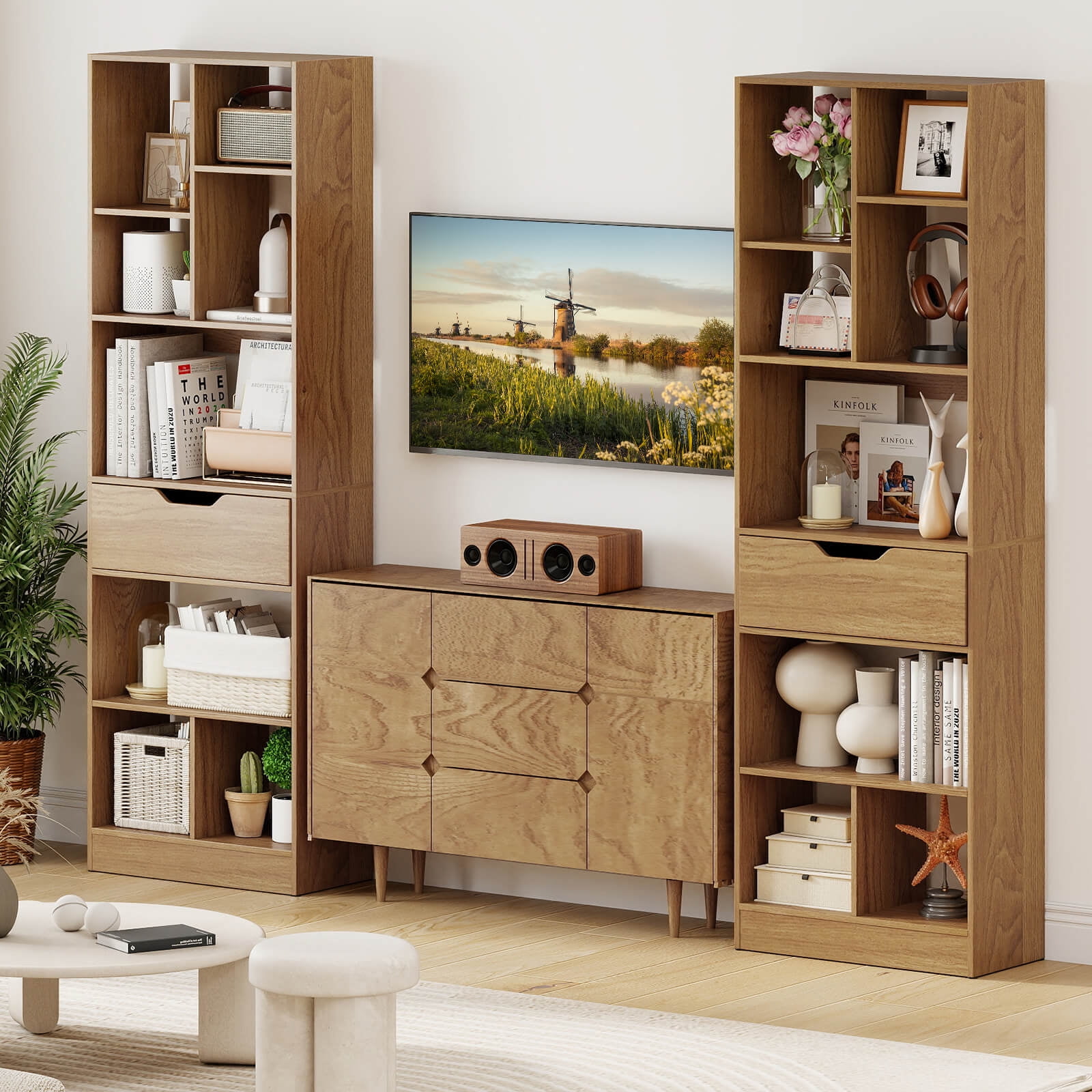 Costway 1 PCS 61” Bookcase with Drawer, 8 Open Cubes, Anti-toppling Kits for Living Room, Study Natural