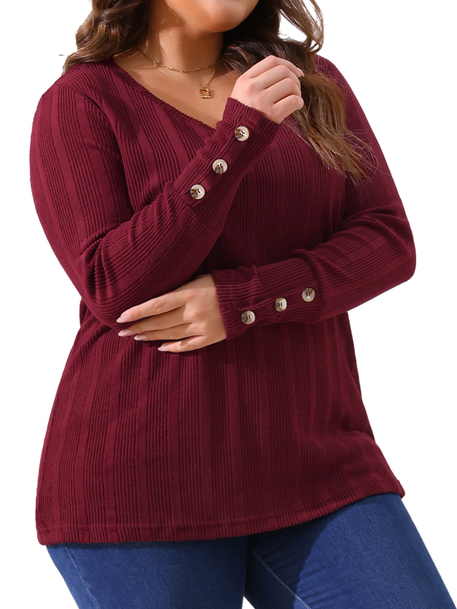 DARING DIVA Women's Plus Knit Tops V Neck Button Stretch Sweater 1X Burgundy