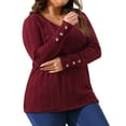 thumbnail image 2 of DARING DIVA Women's Plus Knit Tops V Neck Button Stretch Sweater 3X Burgundy, 2 of 6