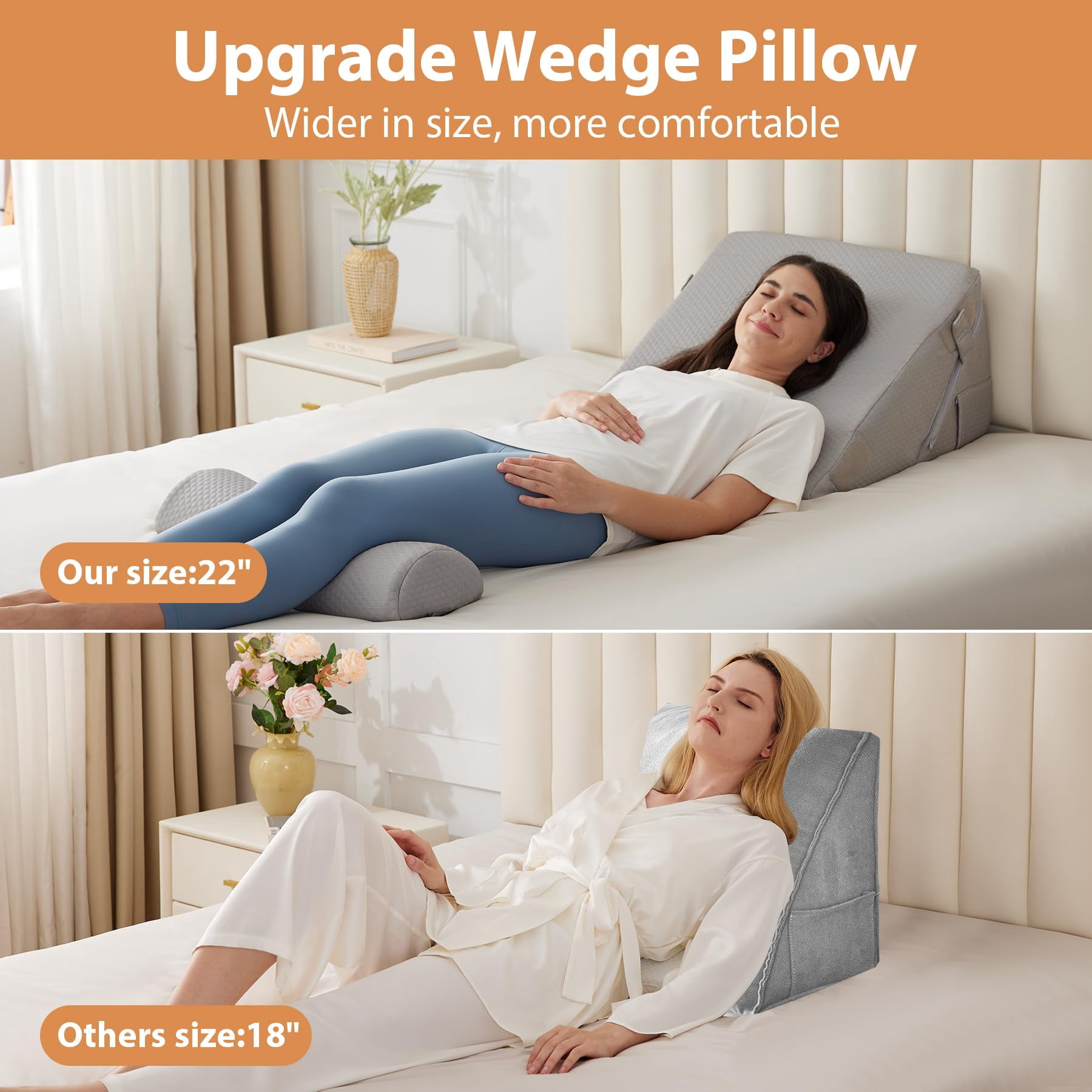 3pcs Wedge Pillow Set  Adjustable Headboard Bed Pillows For Sleeping Support Sitting Up Grey