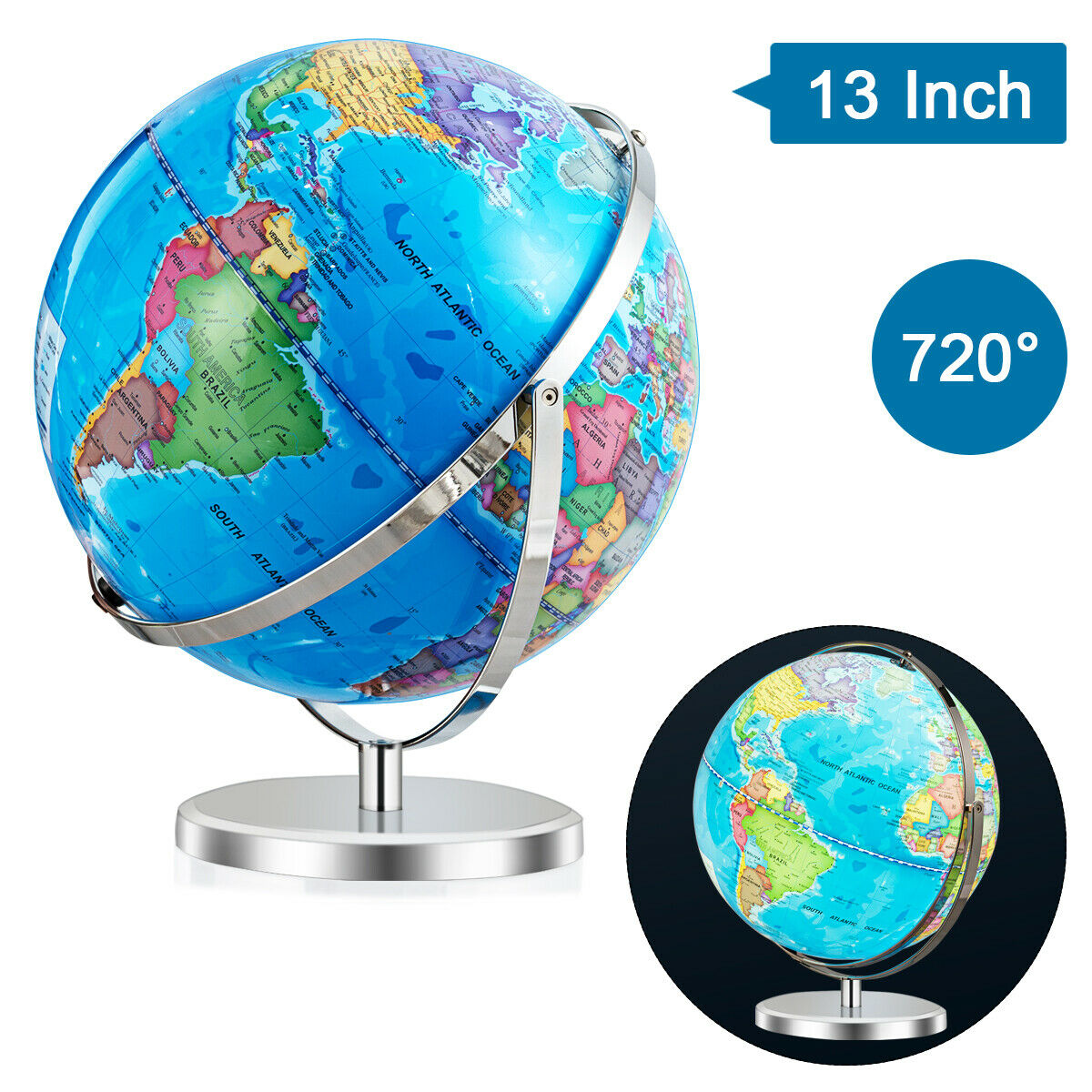 13/" Illuminated World Globe 720° Rotating Education Cartography Map Home W// LED