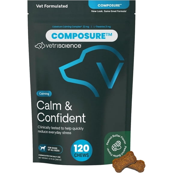 VetriScience Composure Calm & Confident Clinically Tested Peanut Butter Flavored Chews, Calming & Anxiety Supplement for Dogs, 120 count