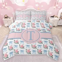 jejeloiu Letter T Monogrammed Bedding Comforter Set,Cartoon Bow Tie Twin Comforter Sets,Pink Cute Flowers Bedding Set For Girls,Microfiber Room Decorative Reversible,2pcs