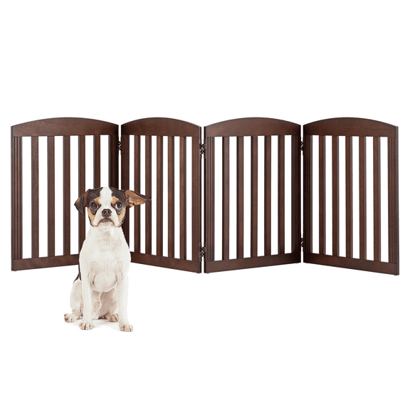 STAROUS 96" Extra Wide 28" Tall Foldable Dog Gates, Wooden Freestanding Pet Gate Indoor, Step Over Puppy Fence, 4 Panels, Brown