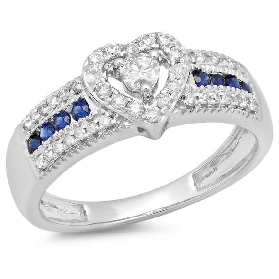 Dazzlingrock Collection 10K Round Cut Blue Sapphire & White Diamond Bridal Heart Promise Engagement Ring, White Gold, Size 8.5