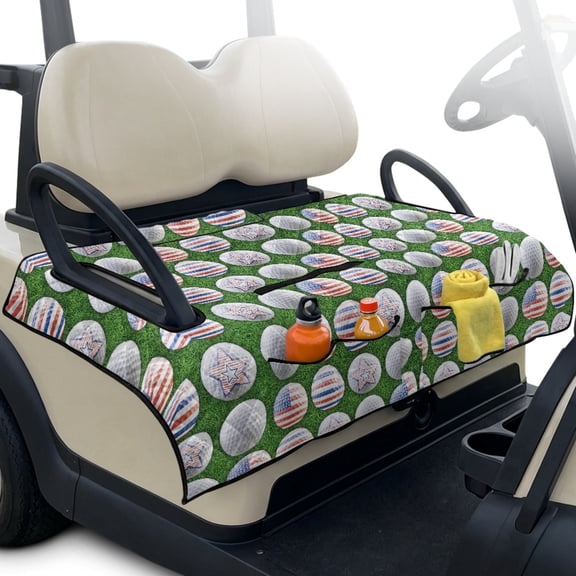 Whosucclay American Flag Golf Ball Print Folding Golf Cart Seat Covers, 4 Front Pocket Club Car Seat Covers for EZGO Yamaha TXT RXV