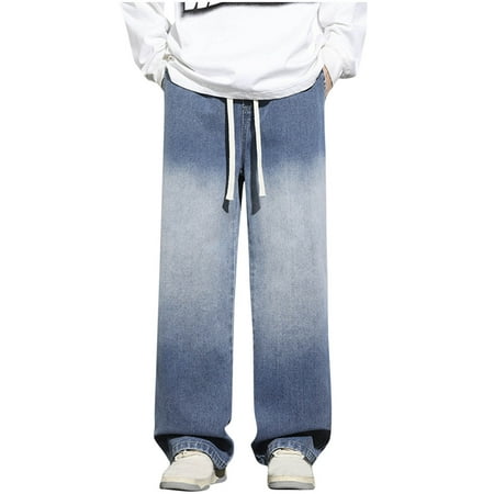 FNFYFH Mens Straight Leg Jeans Elastic Waist Baggy Jean Pants Loose Fit Denim Pants Wide Leg Skater Pants