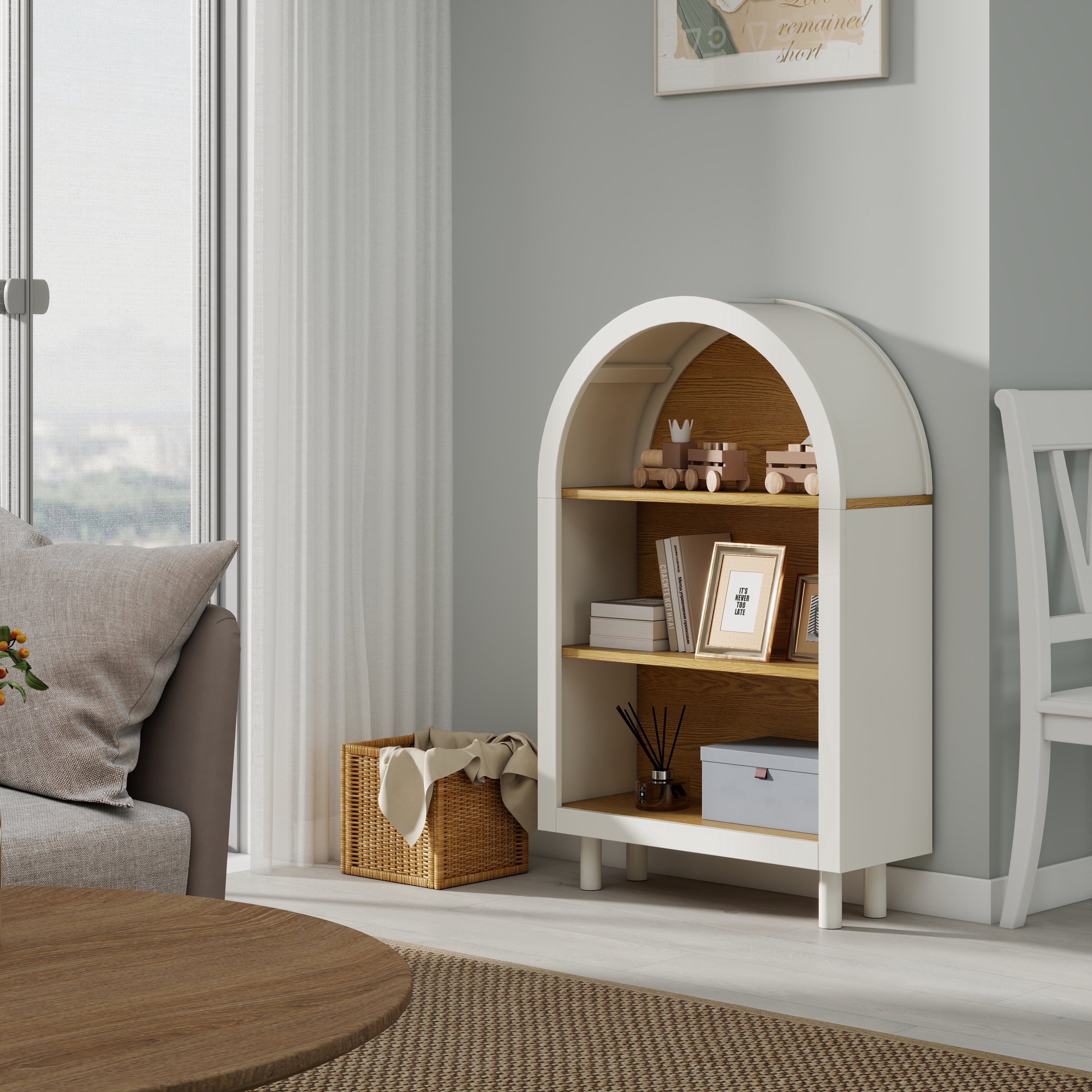 Arched Top Bookshelf, 3-Tier Open Storage Shelf with Two-Tone Finish, Solid Wood Legs Freestanding Display Rack for Living Room Bedroom Entryway