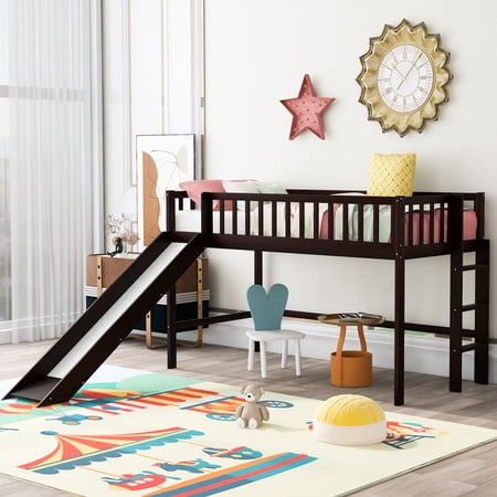 ikayaa Twin Size Low Loft Bed with Ladder and Slide  Gray