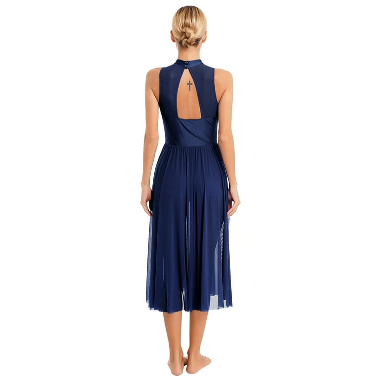 Alvivi Women's Shiny Rhinestone Sleeveless Lyrical Dance Maxi Dress  Performance Costume Navy Blue L - Walmart.com