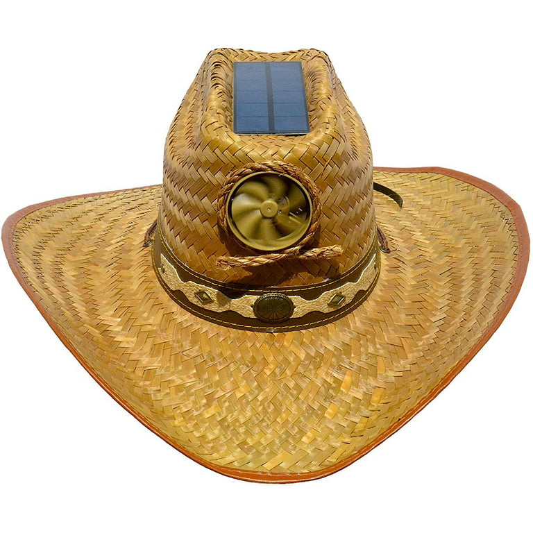 Kool Breeze Solar Hat Gentlemen's Unisex Cowboy Cowgirl Palm Leaf  Ventilated Hat with Fan and Band X-Large Brown