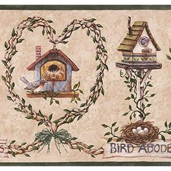 Concord Wallcoverings Wallpaper Border Rustic Pattern Birdies Vintage Birdhouses Nest Eggs for Living Room Farmhouse, Beige Brown White Blue Green, 9 Inches by 15 Feet BP007120B
