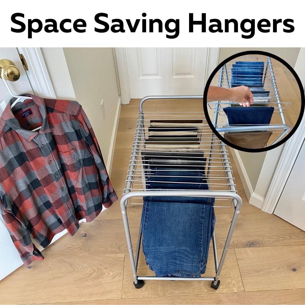 Evelots Pants Rack with 20 Pants Hangers Rolling Trolley Cart - Skirt Hangers, Jean Organizer for Closet