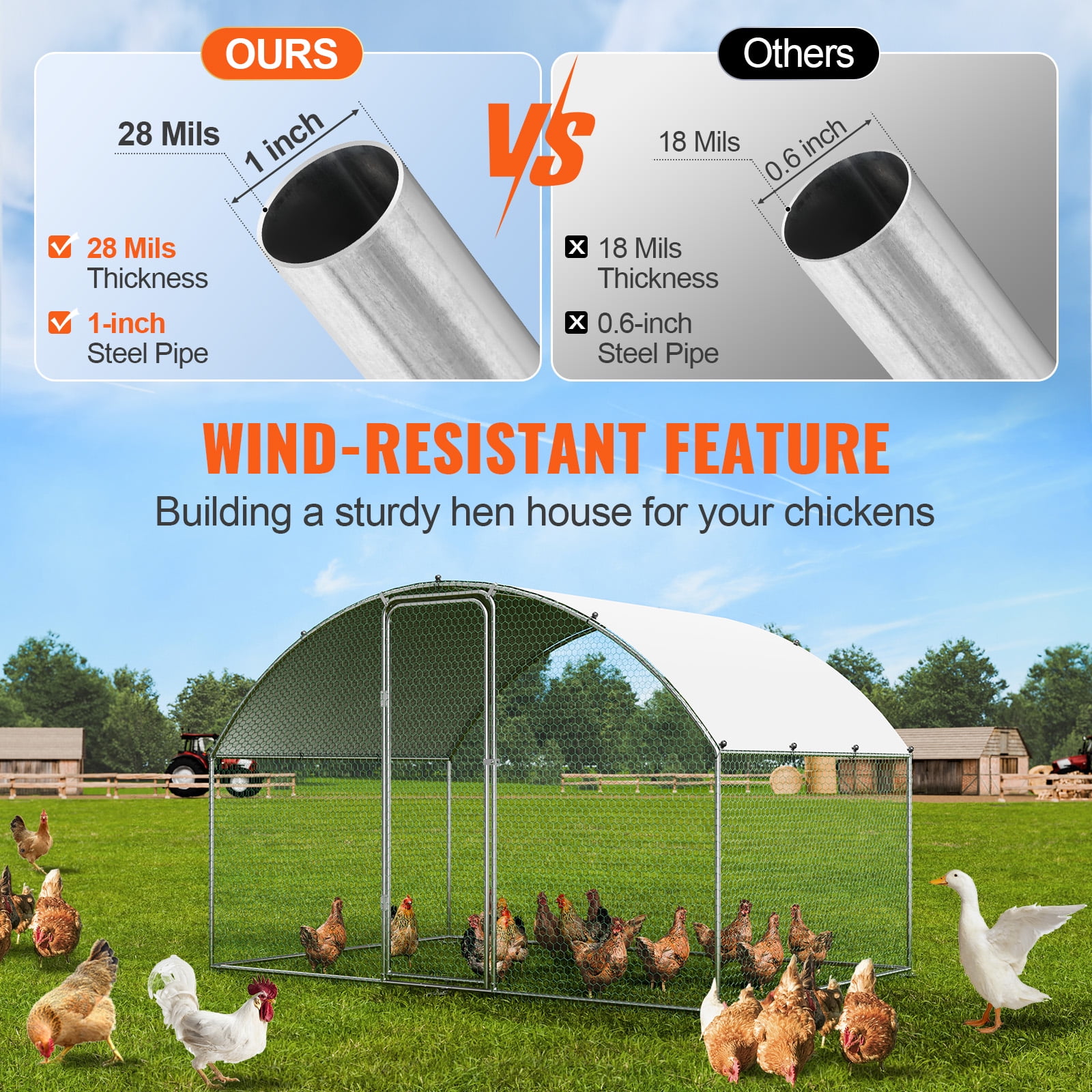 KFFKFF Metal Chicken Coop 9.8 x 6.5 x 6.5 ft Dome Roof Poultry Cage Chicken Run with Waterproof Cover Large Outdoor Walk in Chicken Coop Cage for Backyard, Farm