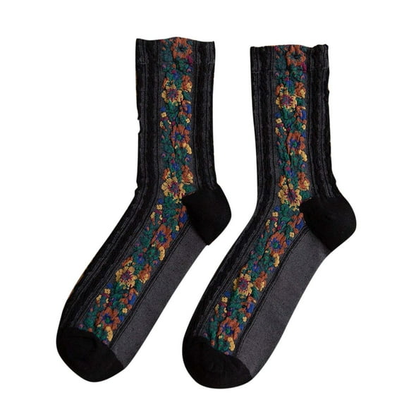 Clearance Sale Ukumplol Ankle Socks for Women Crew Socks for Women Mid Tube Spring Knitted Cotton Retro Ethnic Floral Cotton Stockings Heated Socks Black One Size