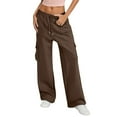 thumbnail image 2 of Women's Elastic Waist Casual Pants with Side Pockets Loose Fit Straight Leg Trousers Sport Outdoor Workwear Long Pants for Daily Wear Brown XL, 2 of 5