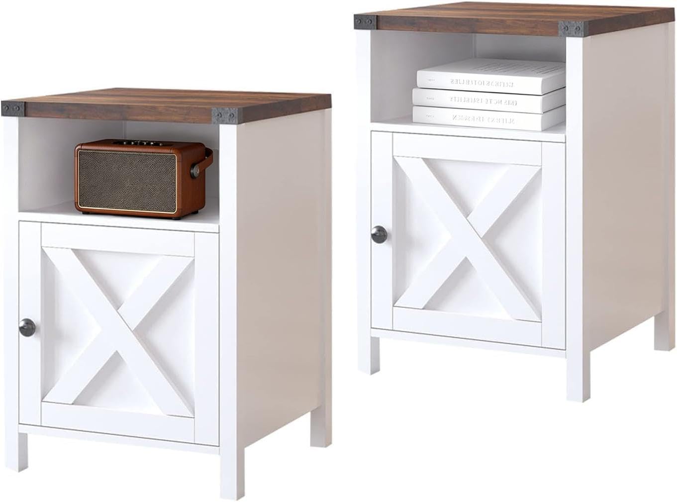 4 EVER WINNER Farmhouse Barn Door Side Table Set of 2, Cream White End Table with Barn Door Storage, Bedside Table for Bedroom Living Room