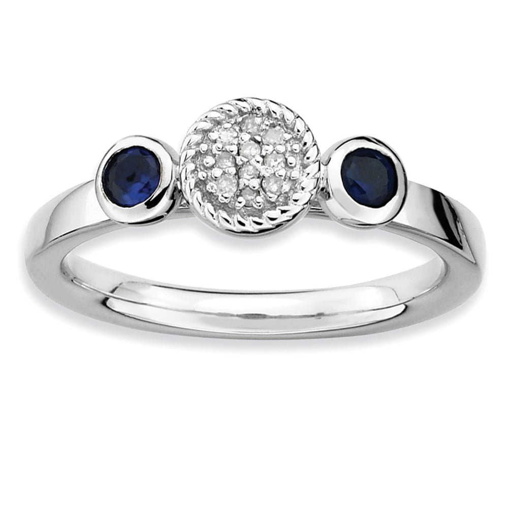 Solid 925 Sterling Silver Stackable Expressions Dbl Round Cr 2.3mm Simulated Sapphire and Diamond Ring