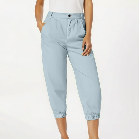 Qulqfy Petite Womens Pants 2025 Blue Casual Chinos Lounge Solid Color High Waisted Capris Womens Trousers Slacks XXL