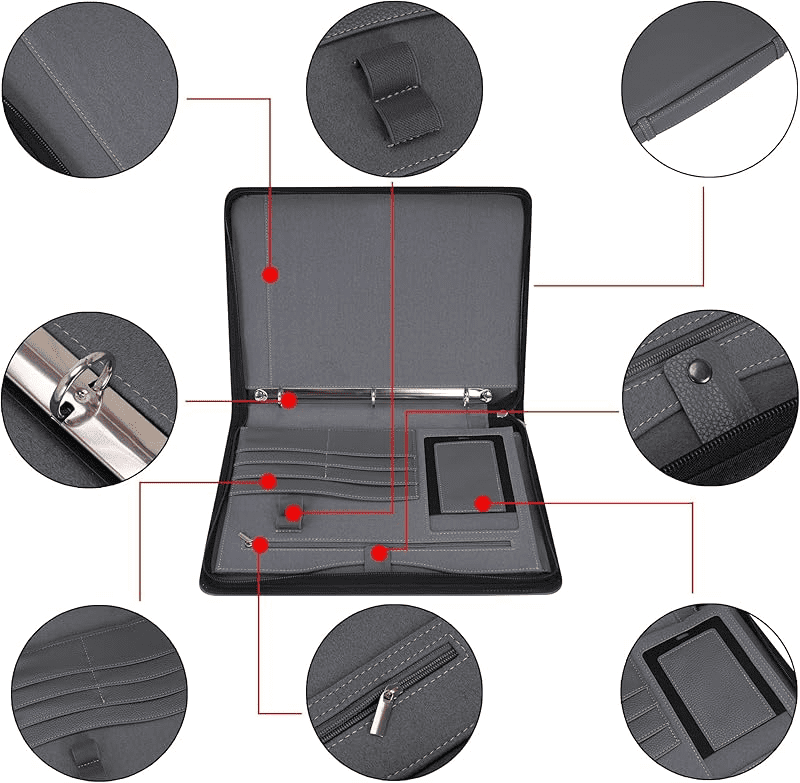 Wonderpool Travel Zippered Portfolio 3 Ring Binder A4 Padfolio Document Case with Removable Clipboard Legal Pad Holder, Business Office School Organizer for Men and Women (Gray)